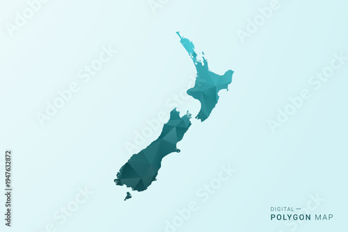 New Zealand Map - Polygon style vector illustration in teal blue-green low poly geometric design, modern minimal silhouette.