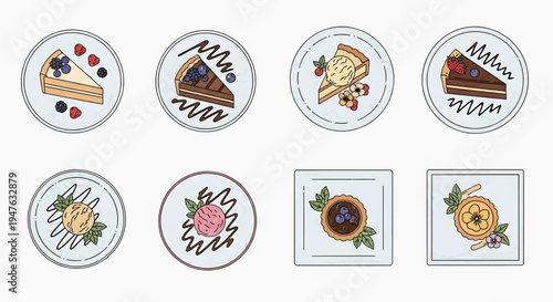 Delicious desserts are displayed on various plates and trays in a culinary setting with sweet treats.