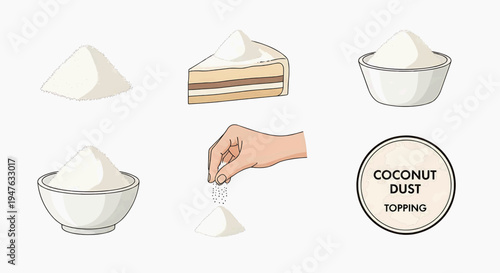 A hand sprinkles coconut flakes onto a pile of mounds in bowls and a cake.