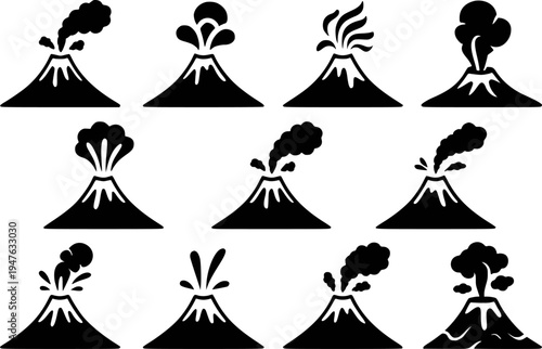 Collection of black silhouette volcano eruption with smoke and lava white background