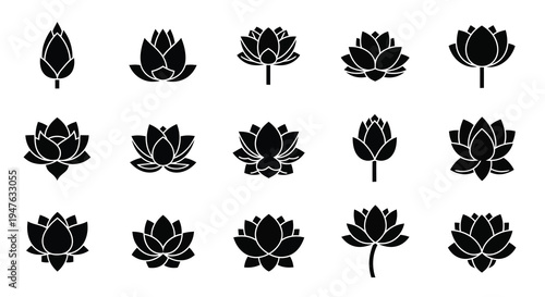 Collection of various lotus flower shapes in a black silhouette