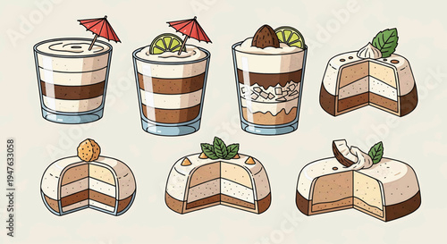 Delicious desserts and drinks are displayed on a table with cake and cheesecake.