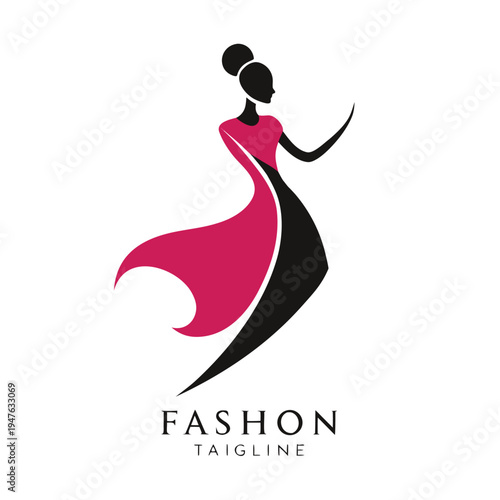 A stylized silhouette of a woman in a flowing gown paired with fashion text