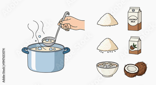 A hand stirs a pot of coconut rice with ingredients nearby on a kitchen counter.