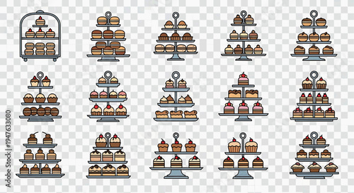 A collection of various multi-tiered cakes displayed on stands indoors