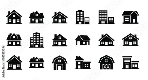 Collection of various black house shapes in a minimalist silhouette