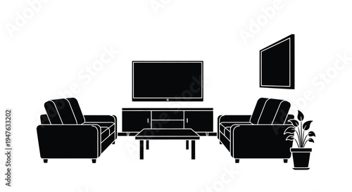 Minimalist living room with furniture and a mounted television silhouette