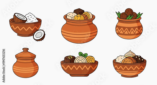 A vibrant illustration of six clay pots filled with various foods on a table