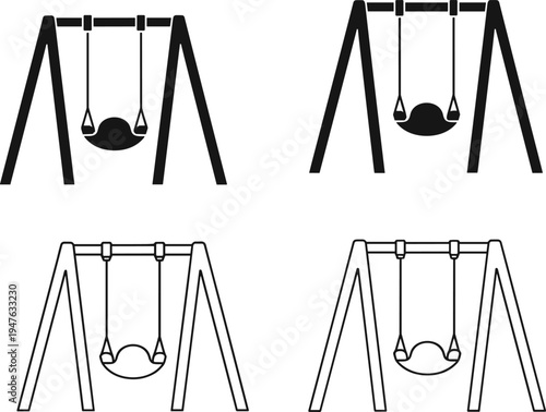 Two solid black and two outline swings on a white background Keywords: swing set, playground, children, outdoor, recreation