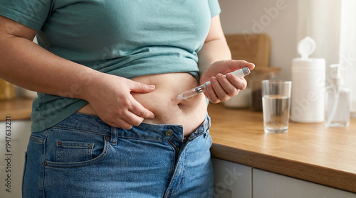Close-up of an overweight woman performing a self-injection of medication into her abdomen at home