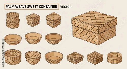 Various palm weave sweet containers including baskets and boxes on display