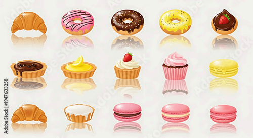 Assorted sweet pastries and desserts are arranged on a table indoors for display.