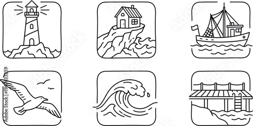 Nautical icons set with lighthouse, boat, and wave