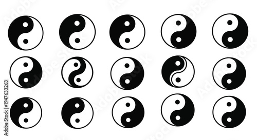 Collection of yin and yang symbols in varied arrangements silhouette
