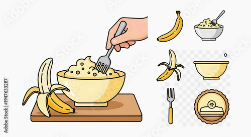 A hand scoops oatmeal with banana from a bowl on a wooden board indoors.