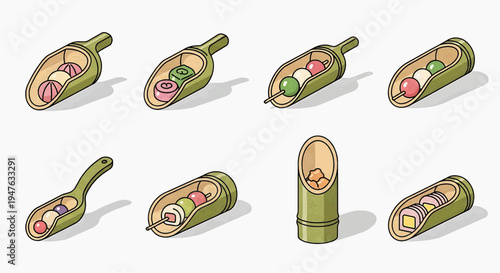 Sushi rolls arranged neatly on bamboo leaves and a bamboo container on a white surface