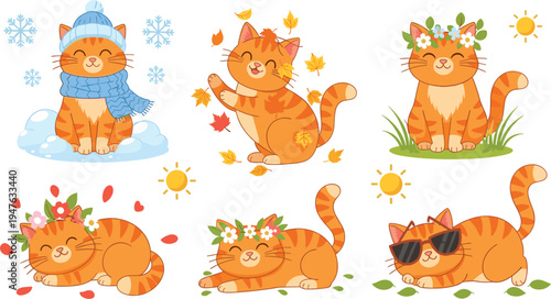 Cute Ginger Cat Seasonal Activities Collection with Winter, Spring, SummeCharacter Illustration SetCute Ginger Cat Seasonal Activities Collection with Winter, Spring, Summer and Autumn Cartoon Kitty 