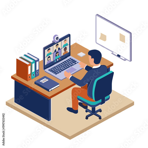 Man sitting at desk working on laptop with people on screen