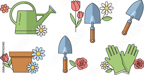 Gardening Tools and Flowers Set Featuring Watering Can, Shovel, Gloves, and Plant Pot for Spring, Nature, and Garden Designs