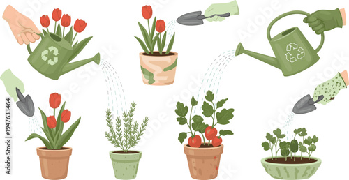 Green Gardening Tools Set with Recycled Watering Can, Garden Gloves, and Plant Care Equipment for Eco-Friendly Gardening Illustrations