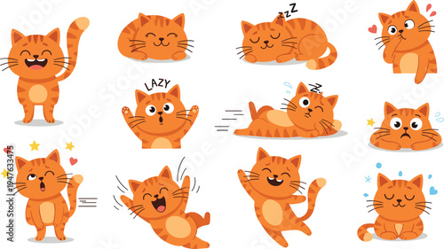 Cute Ginger Cat Emotions and Activities Collection with Sleeping, Playing,Kitty Character Illustration SetCute Ginger Cat Emotions and Activities Collection with Sleeping, Playing, Jumping and Funny