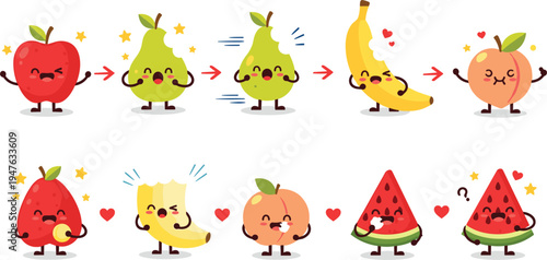 Cute Fruit Character Emotions Collection with Apple, Pear, Banana, Peach and Watermelon Funny Cartoon Food Mascot IllustratiEmotions Collection with Apple, Pear, Banana, Peach and Watermelon Funny 