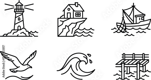 Nautical icons set with lighthouse, boat, and wave river