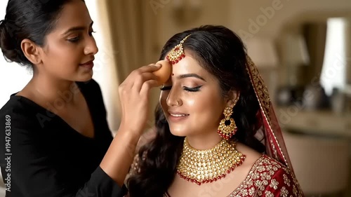 Professional makeup artist meticulously applies foundation to a beautiful Indian bride, showcasing traditional beauty rituals and preparation for her grand wedding ceremony