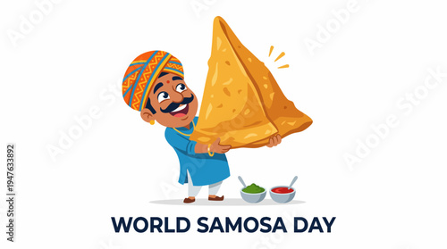 Joyful Indian Man Celebrates Global Pastry Day with a Delicious Samosa and Traditional Sauces, Highlighting Culinary Heritage