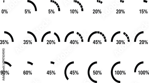 Set of black circular progress bar icons and loading indicators with percentage values from zero to one hundred for dashboard design