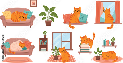 Cute Ginger Cat Cozy Home Activities Collection with Sleeping, RelaxingCartoon Pet Illustration SetCute Ginger Cat Cozy Home Activities Collection with Sleeping, Relaxing on Sofa and Window 