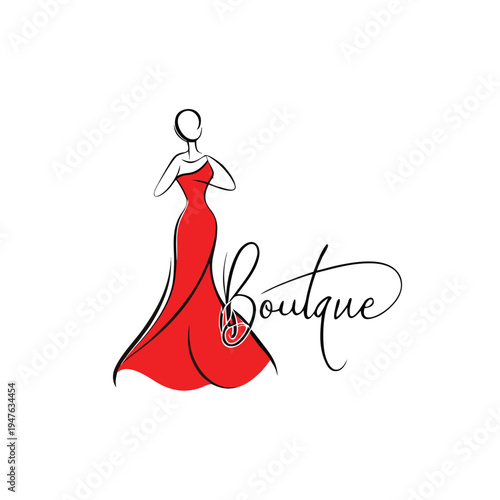 A minimalist sketch depicts a woman in a flowing red gown with the word boutique