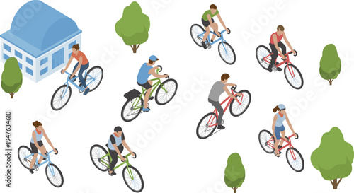 Isometric cyclists riding bicycles in city park, urban cycling activity, healthy lifestyle transportation concept, biking people vector illustration