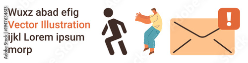 Communication, notification alerts, email systems, warnings, information transfer, online messaging. A person near an envelope with an exclamation mark. Communication and notification alerts concept
