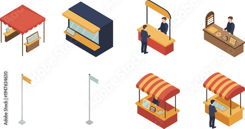 Isometric market stalls and kiosks set, street vendor booths, food stands and retail counters, small business market vector illustration