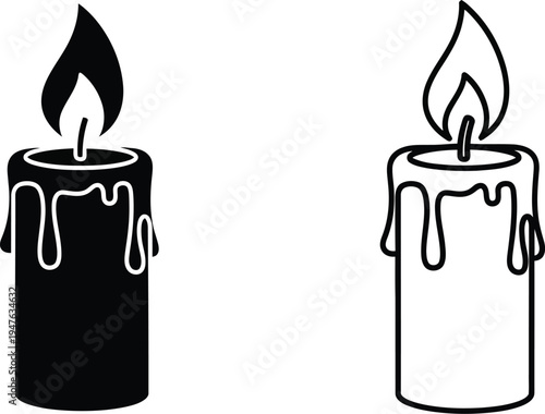 Black and white candles with dripping wax and flames Vector