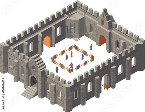 Isometric medieval castle courtyard scene, historic fortress architecture with people, ancient stone walls and towers, medieval life vector illustration