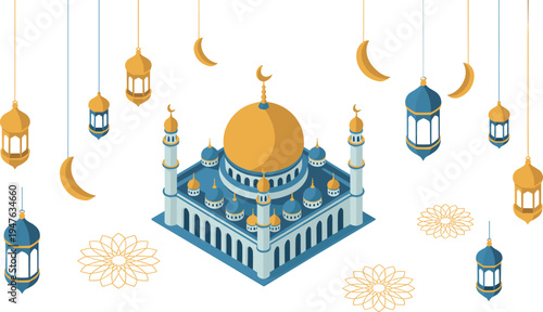 Isometric mosque with hanging lanterns and crescent moons, Ramadan Kareem celebration concept, Islamic architecture festive decoration vector illustration