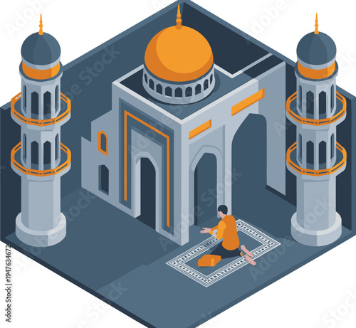 Isometric mosque with Muslim man praying, Islamic worship concept, mosque architecture with minarets, spirituality religion Ramadan vector illustration
