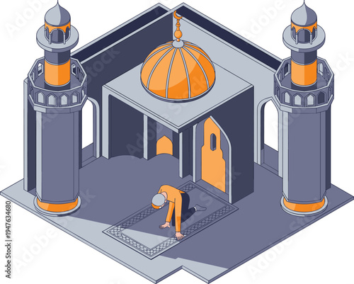 Isometric mosque with Muslim man praying, Islamic prayer worship concept, mosque architecture with minarets, spirituality Ramadan religion vector illustration