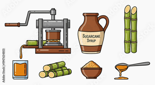 Sugarcane syrup production process with juicer and ingredients on table