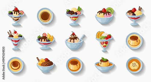 A vibrant collection of dessert icons featuring various sweet treats in colorful bowls and plates on a clean surface