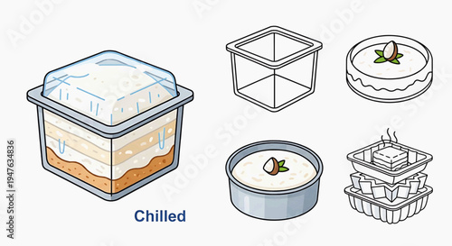 Illustration shows various chilled food containers with desserts on a kitchen table indoors.