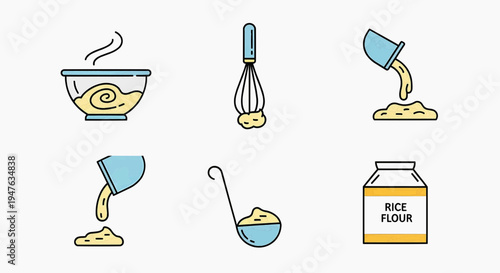 A person prepares rice flour mixture with various utensils and containers nearby indoors