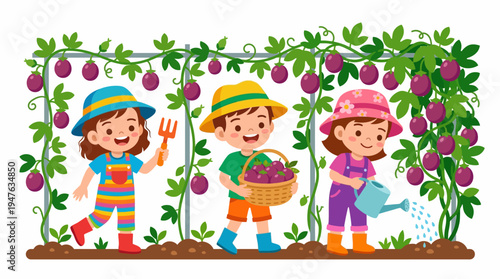 Children enjoying harvesting passion fruit from a garden trellis, a joyful illustration of outdoor activity and healthy eating