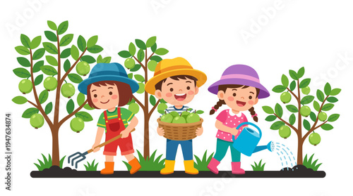 Children cheerfully participating in gardening activities, tending to plants and fruit trees, fostering a love for nature and healthy habits