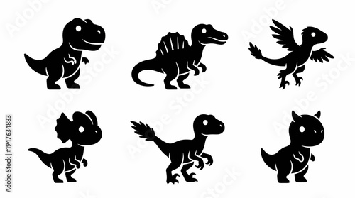 Collection of Silhouetted Dinosaur Illustrations on White Background Prehistoric Reptiles in Various Poses