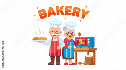 A delightful illustration of a baker couple proudly presenting a freshly baked bread, with a microwave and flour sack in the background, embodying the charm of a cozy bakery