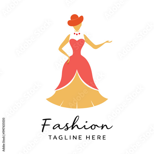 A stylized illustration depicts a woman in a flowing red and yellow gown showcasing fashion