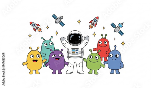Whimsical space doodles of astronauts and alien friends vector for children